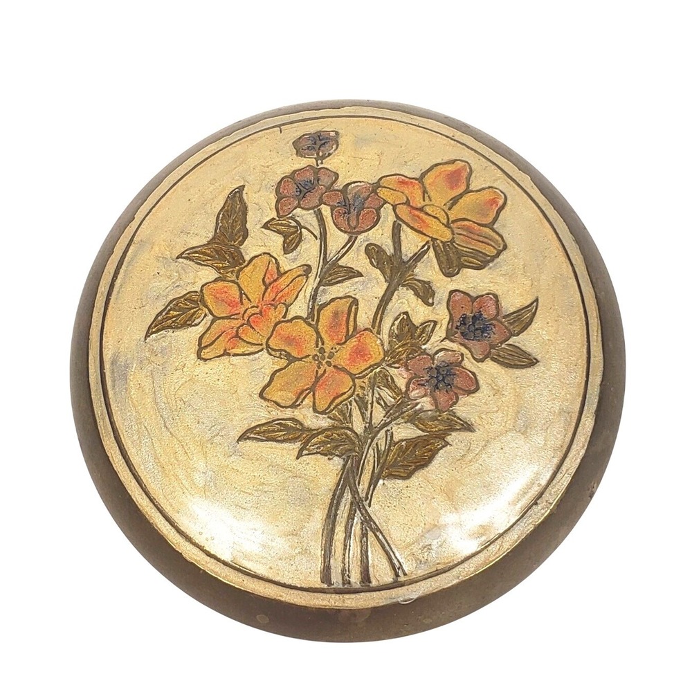 Vintage Brass Cloisonne Enamel Floral Trinket Box Round Botanical Jewelry Dish
